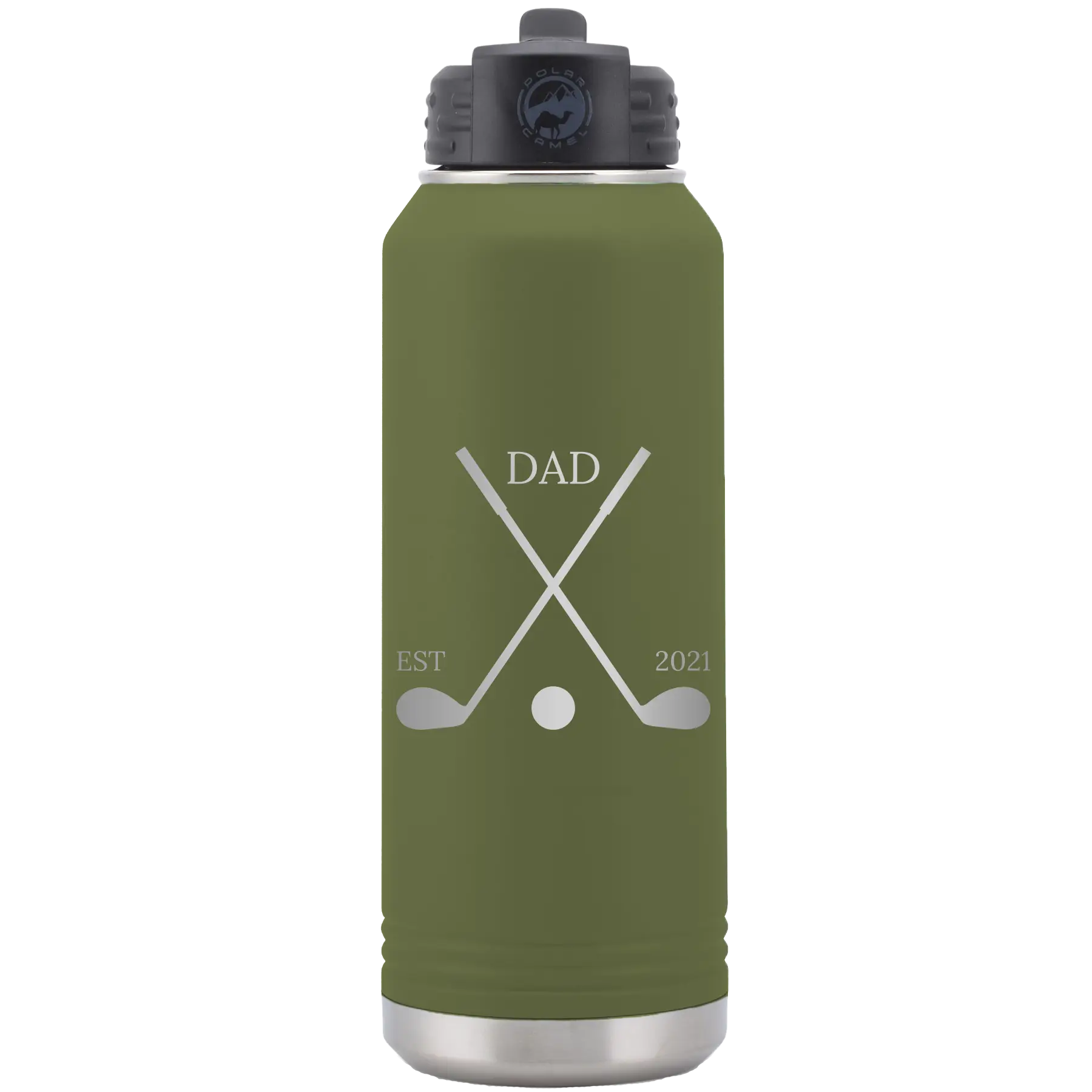 Laser etched olive green 32 oz vacuum insulated water bottle with 'Dad Est Golf Clubs' design