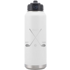 Laser etched white 32 oz vacuum insulated water bottle with 'Dad Est Golf Clubs' design