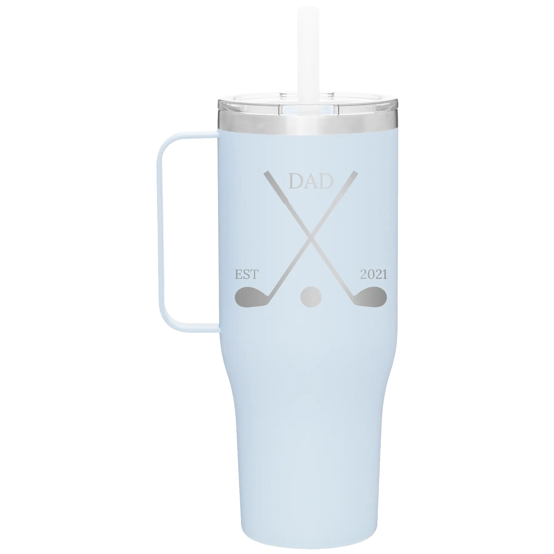 Personalized landfall 40 oz vacuum insulated tumbler mug with 'Dad Est Golf Clubs' design