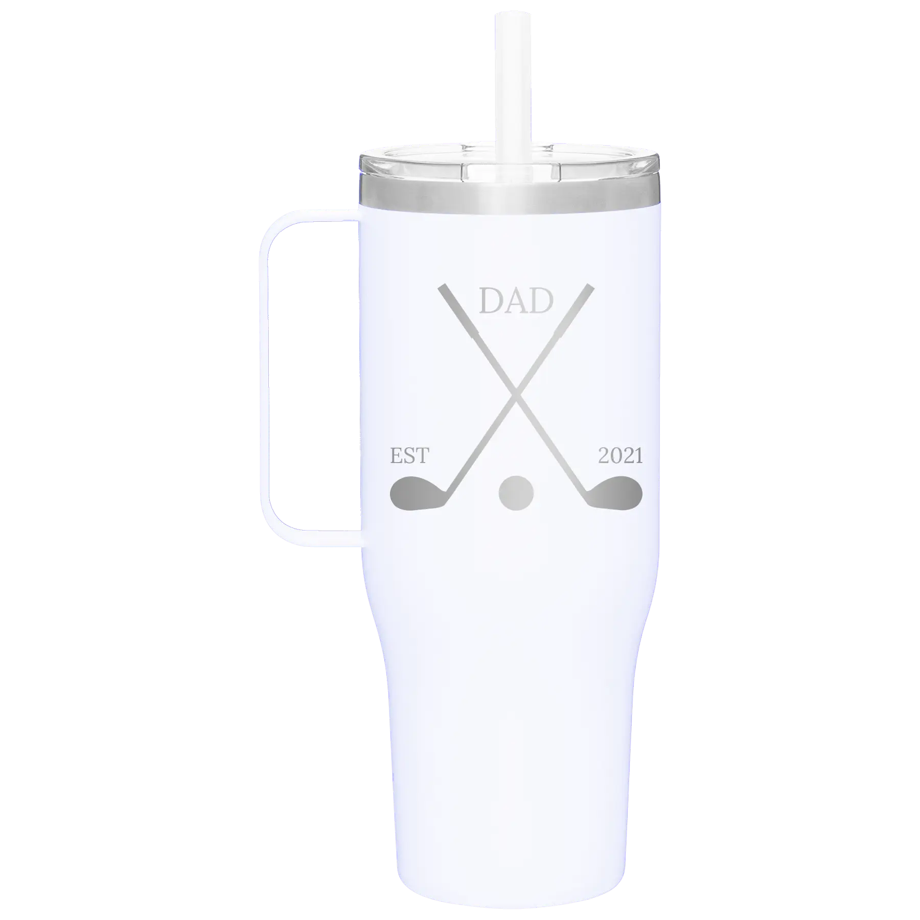 Personalized white 40 oz vacuum insulated tumbler mug with 'Dad Est Golf Clubs' design