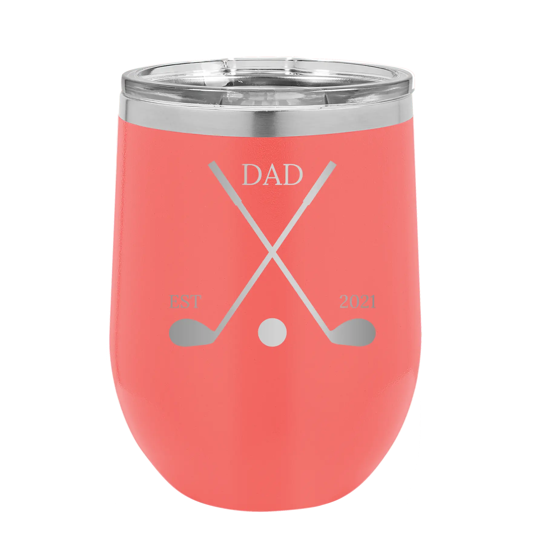 Personalized coral 12 oz vacuum insulated wine cup with etched 'Dad Est Golf Clubs' design