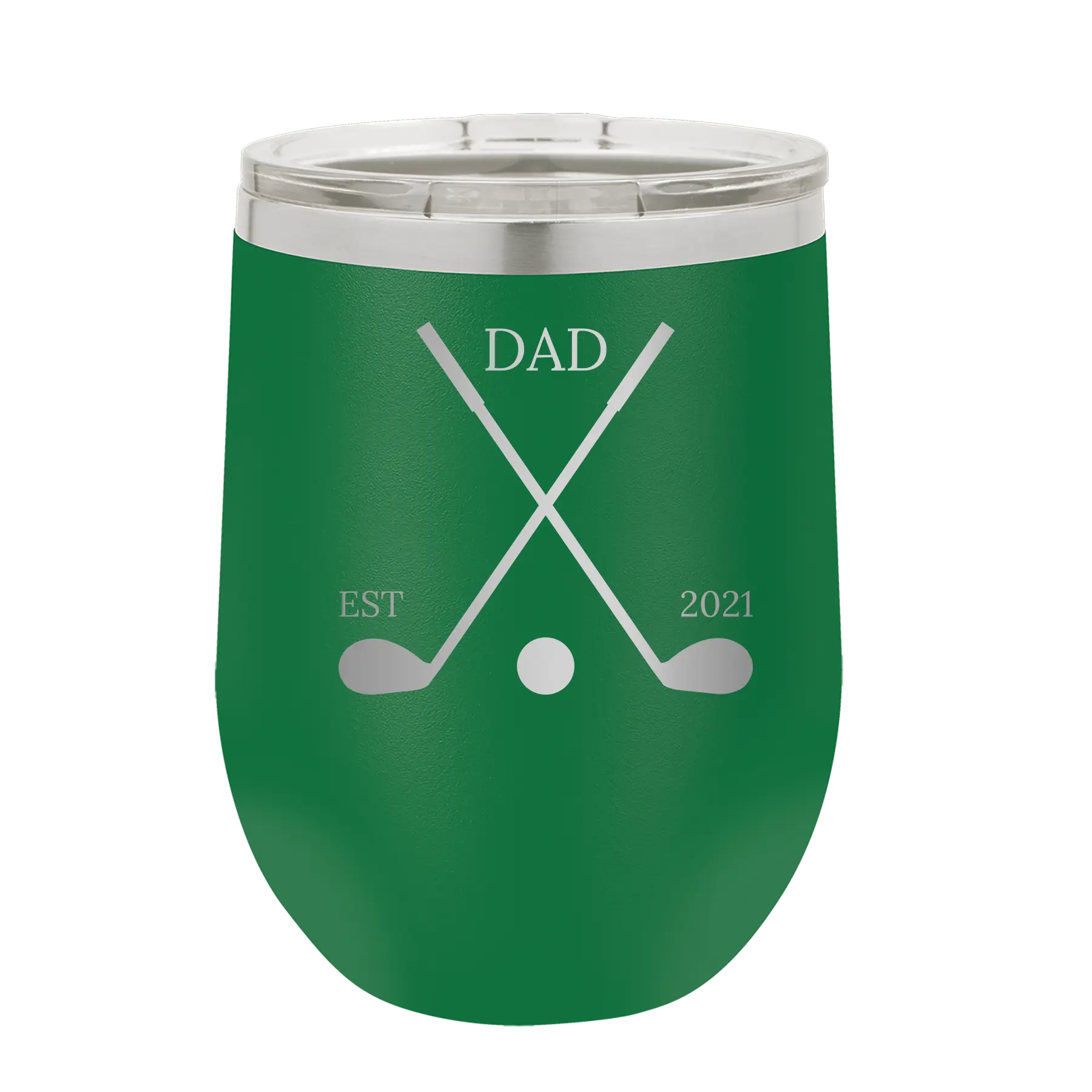 Personalized green 12 oz vacuum insulated wine cup with etched 'Dad Est Golf Clubs' design