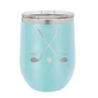 Personalized light blue 12 oz vacuum insulated wine cup with etched 'Dad Est Golf Clubs' design