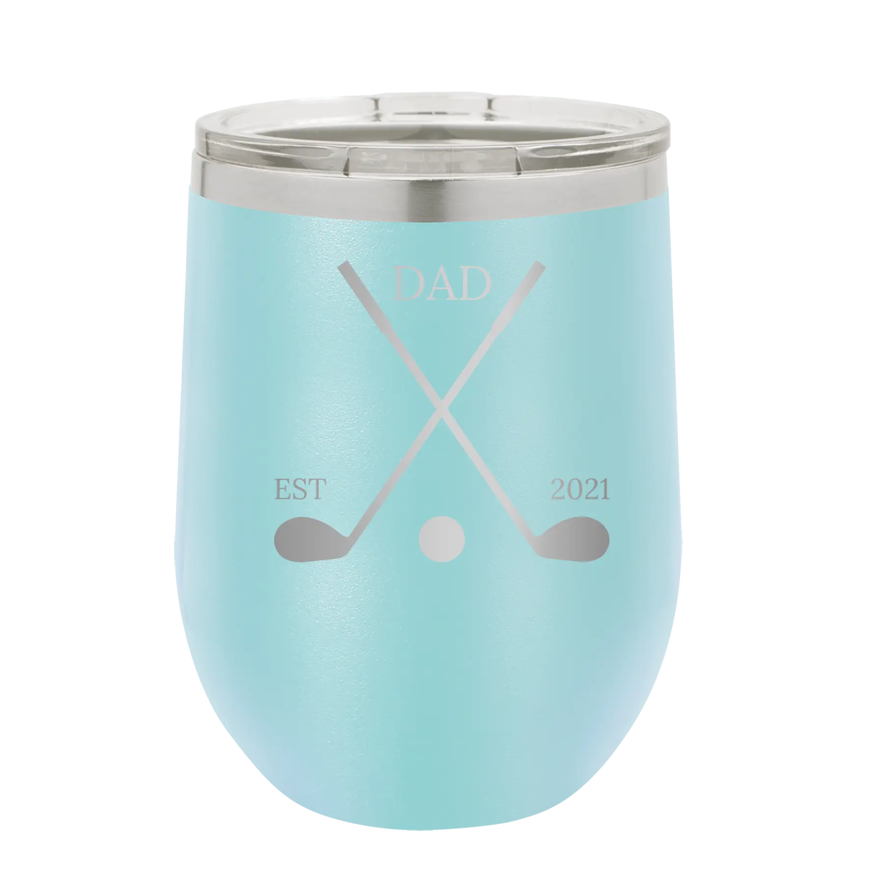 Personalized light blue 12 oz vacuum insulated wine cup with etched 'Dad Est Golf Clubs' design