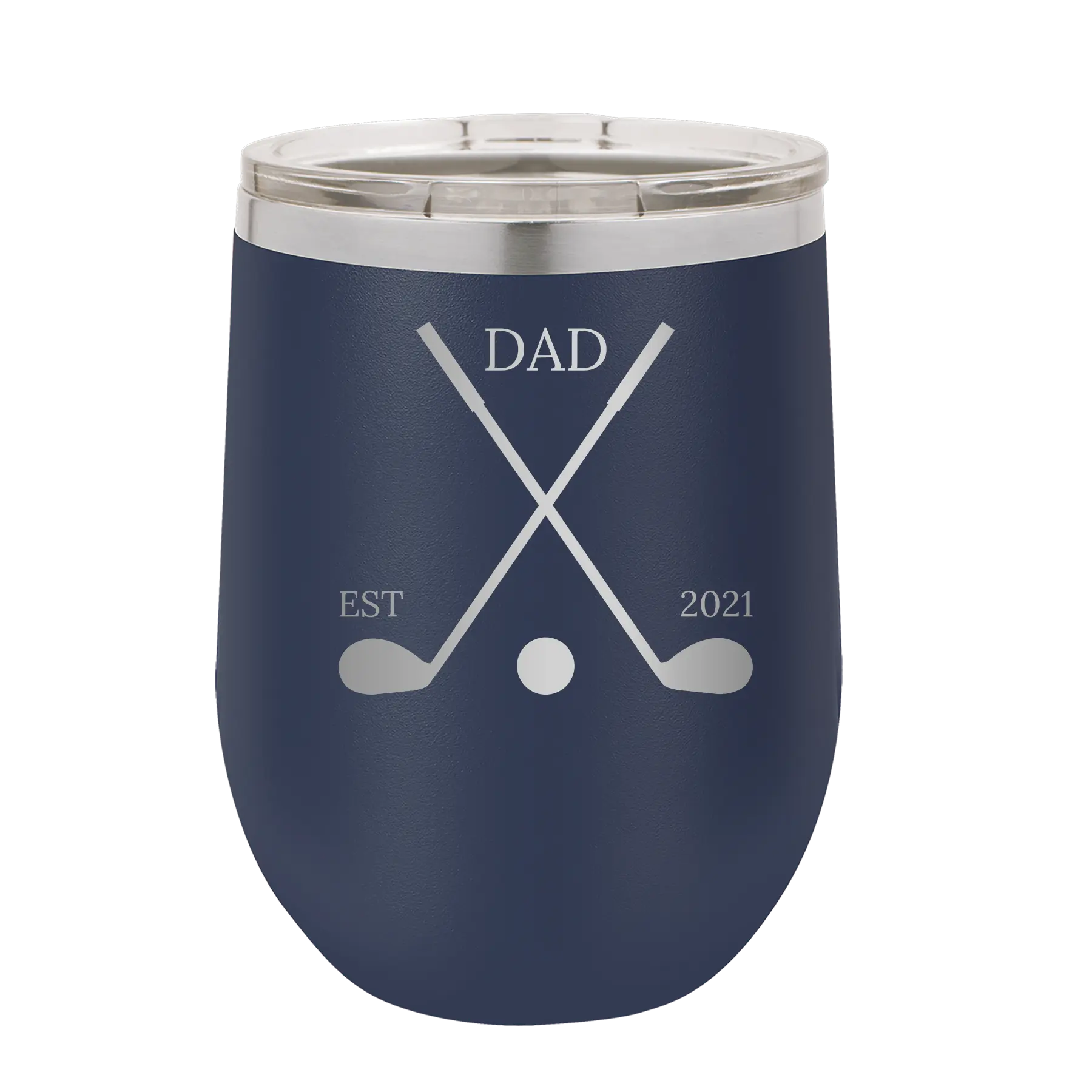 Personalized navy 12 oz vacuum insulated wine cup with etched 'Dad Est Golf Clubs' design