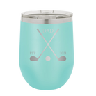 Personalized teal 12 oz vacuum insulated wine cup with etched 'Dad Est Golf Clubs' design