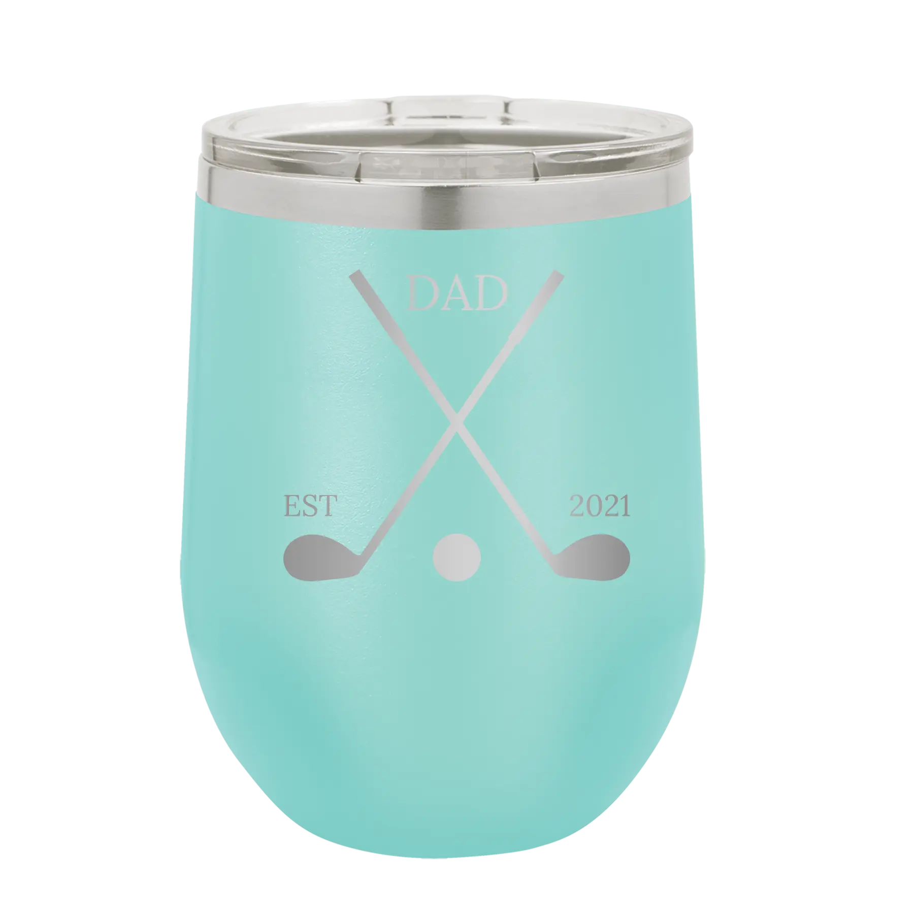 Personalized teal 12 oz vacuum insulated wine cup with etched 'Dad Est Golf Clubs' design