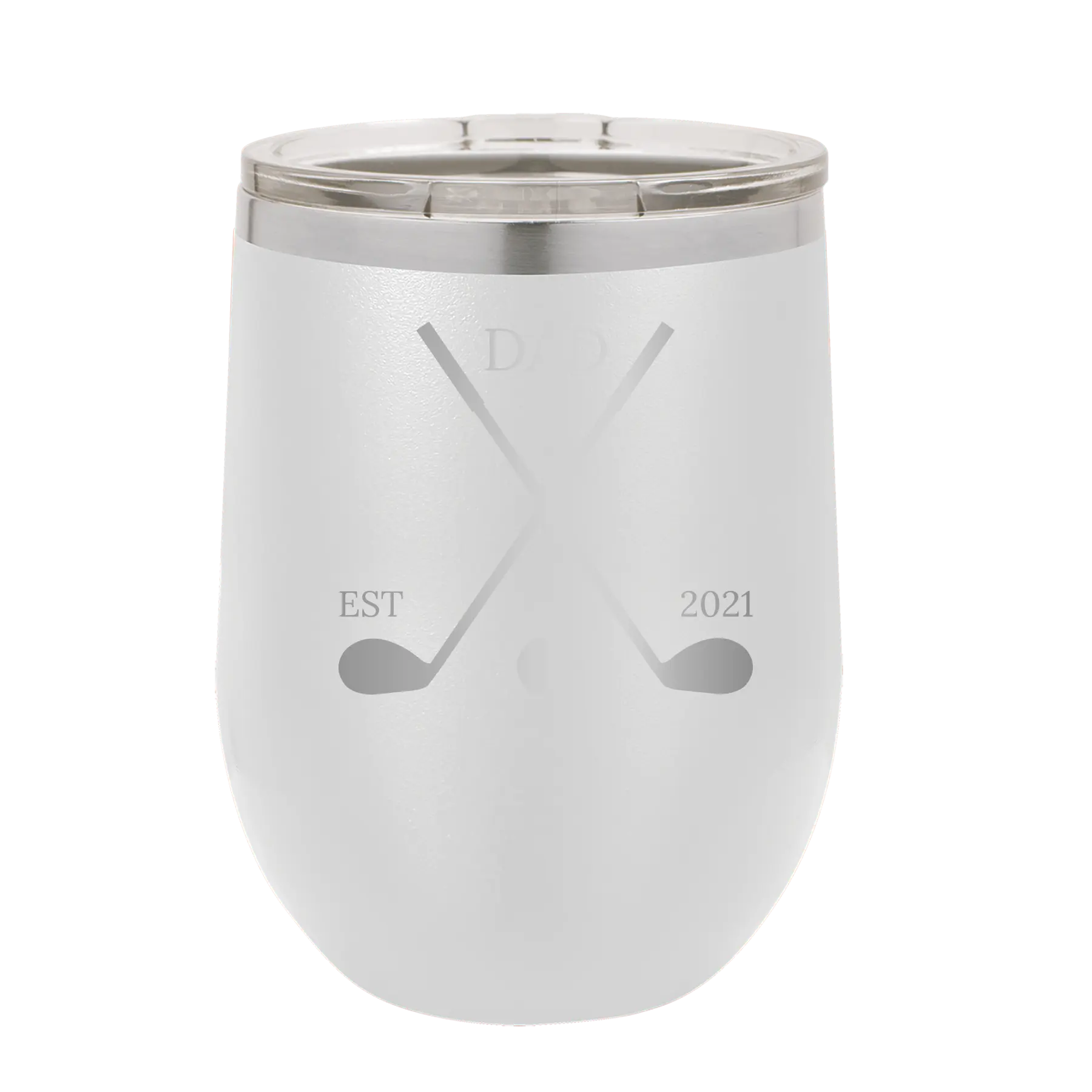 Personalized white 12 oz vacuum insulated wine cup with etched 'Dad Est Golf Clubs' design