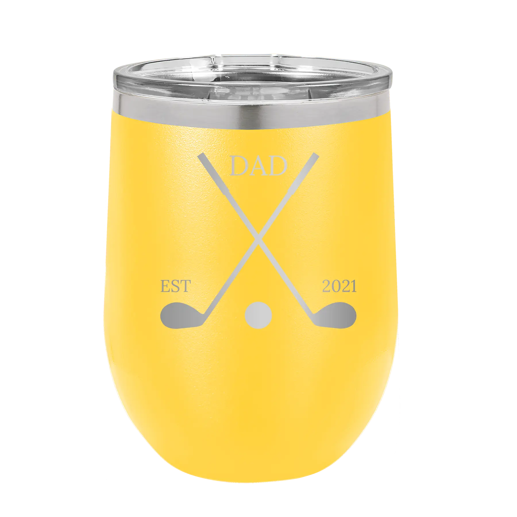 Personalized yellow 12 oz vacuum insulated wine cup with etched 'Dad Est Golf Clubs' design