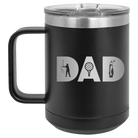 Personalized black 15 oz vacuum insulated coffee mug with etched 'Dad Golf' design