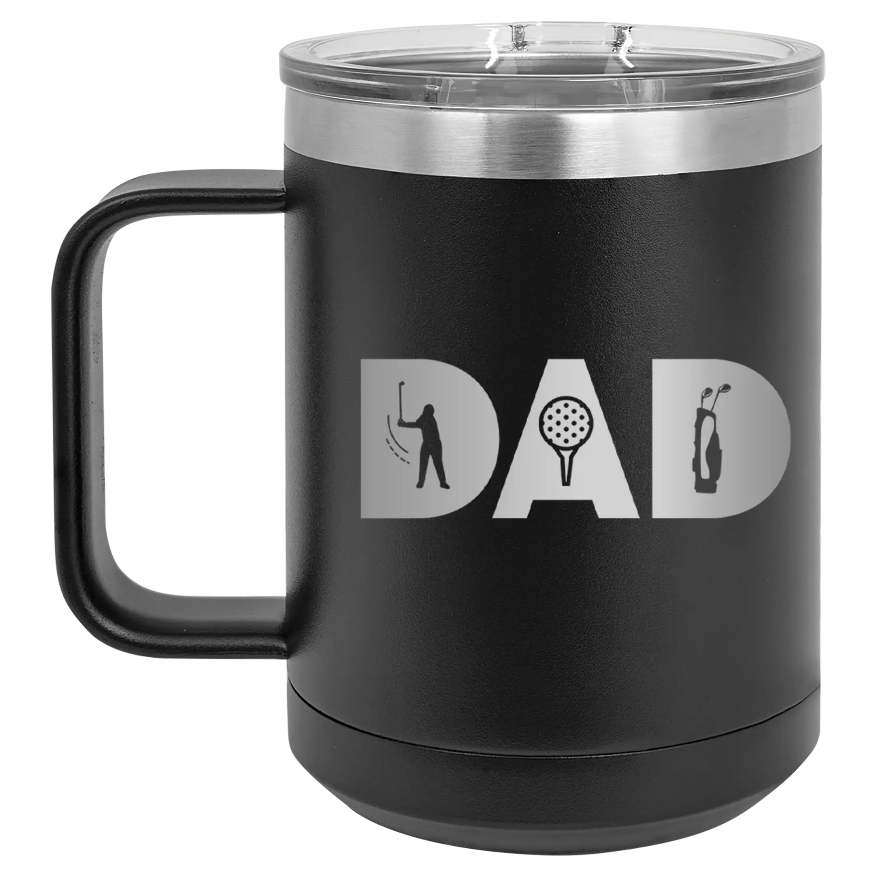 Personalized black 15 oz vacuum insulated coffee mug with etched 'Dad Golf' design