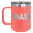 Personalized coral 15 oz vacuum insulated coffee mug with etched 'Dad Golf' design