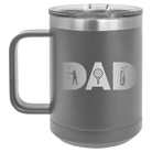 Personalized dark gray 15 oz vacuum insulated coffee mug with etched 'Dad Golf' design