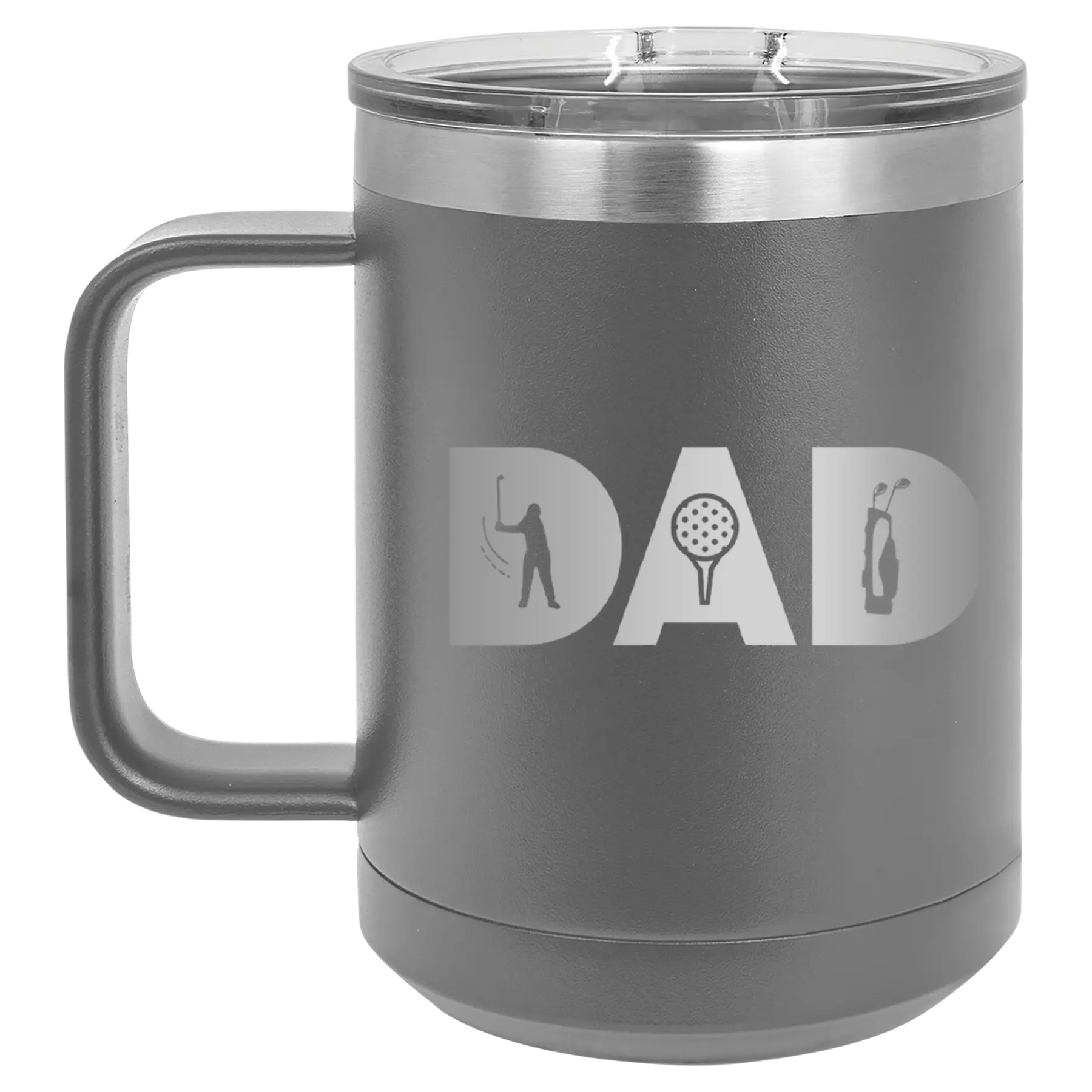 Personalized dark gray 15 oz vacuum insulated coffee mug with etched 'Dad Golf' design
