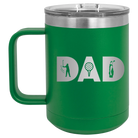 Personalized green 15 oz vacuum insulated coffee mug with etched 'Dad Golf' design