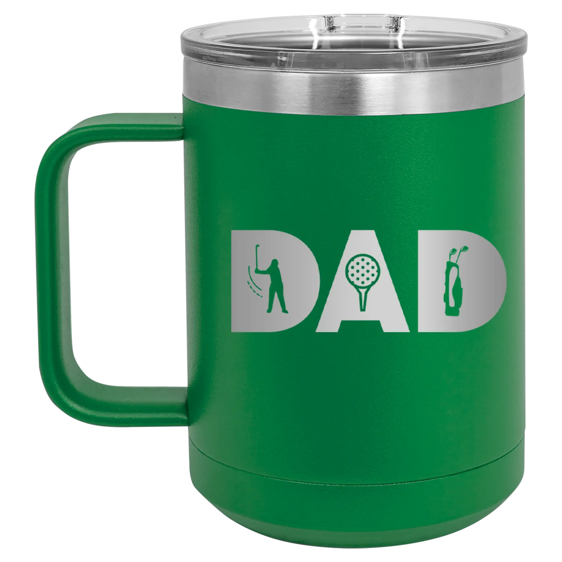 Personalized green 15 oz vacuum insulated coffee mug with etched 'Dad Golf' design