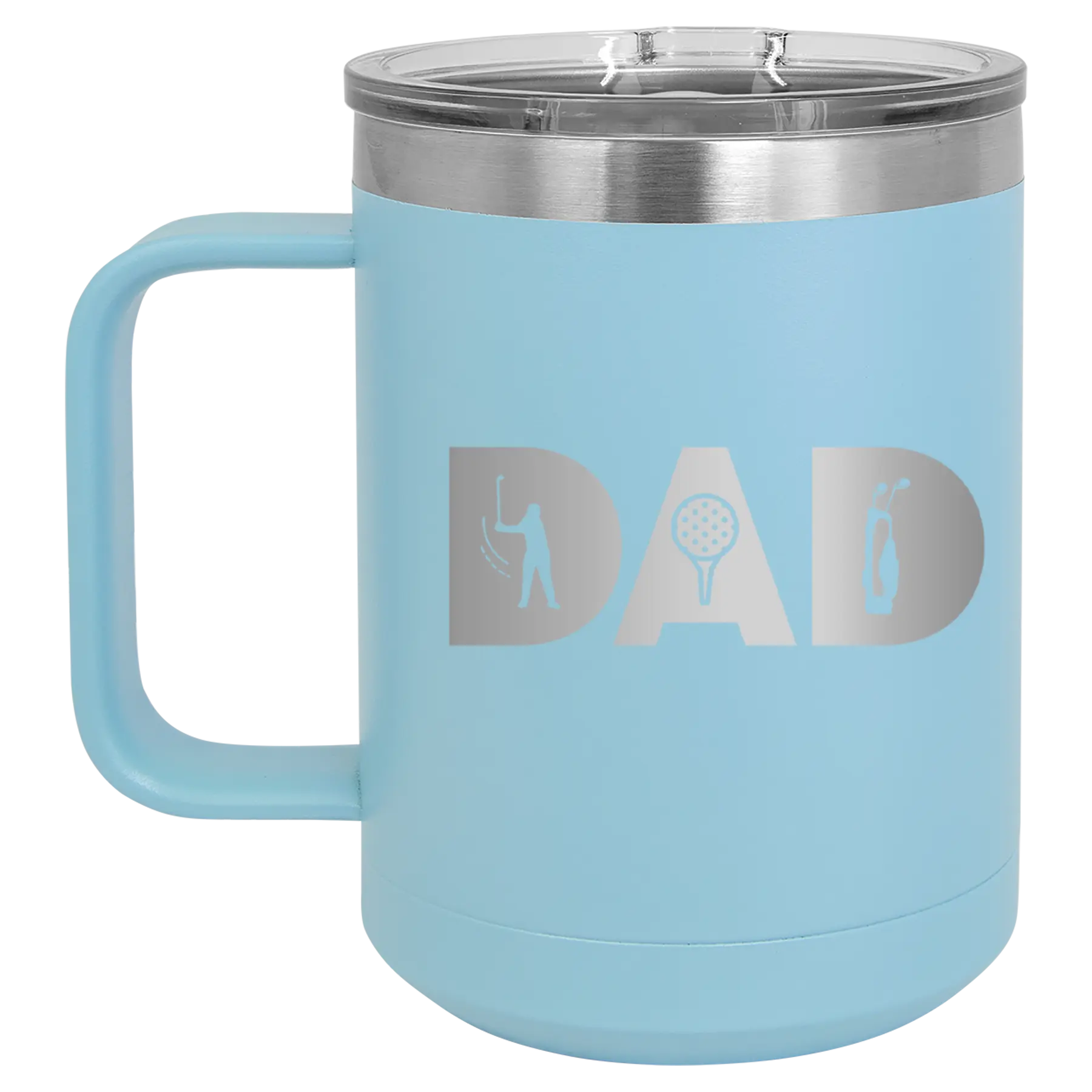 Personalized light blue 15 oz vacuum insulated coffee mug with etched 'Dad Golf' design