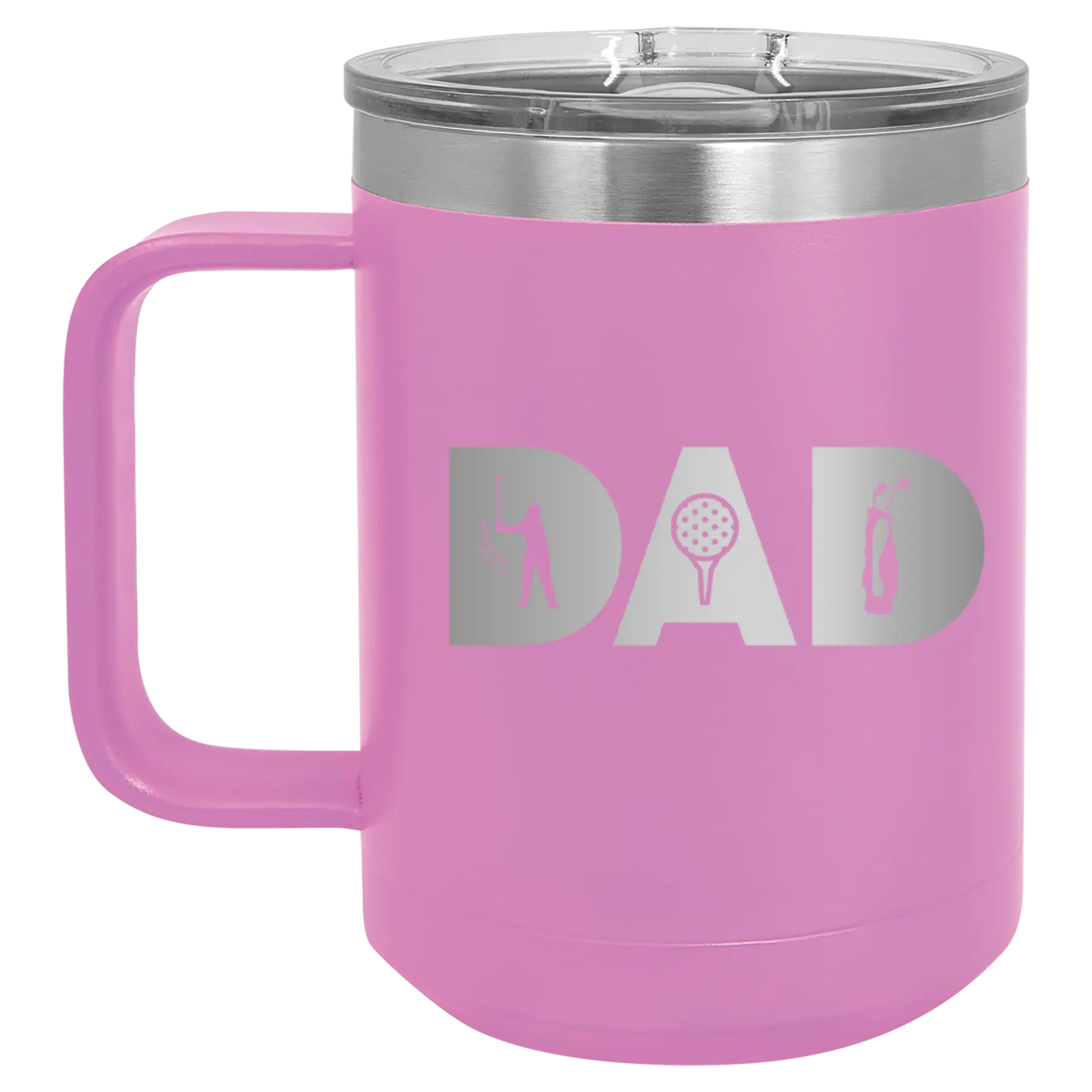 Personalized light purple 15 oz vacuum insulated coffee mug with etched 'Dad Golf' design