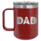 Personalized maroon 15 oz vacuum insulated coffee mug with etched 'Dad Golf' design