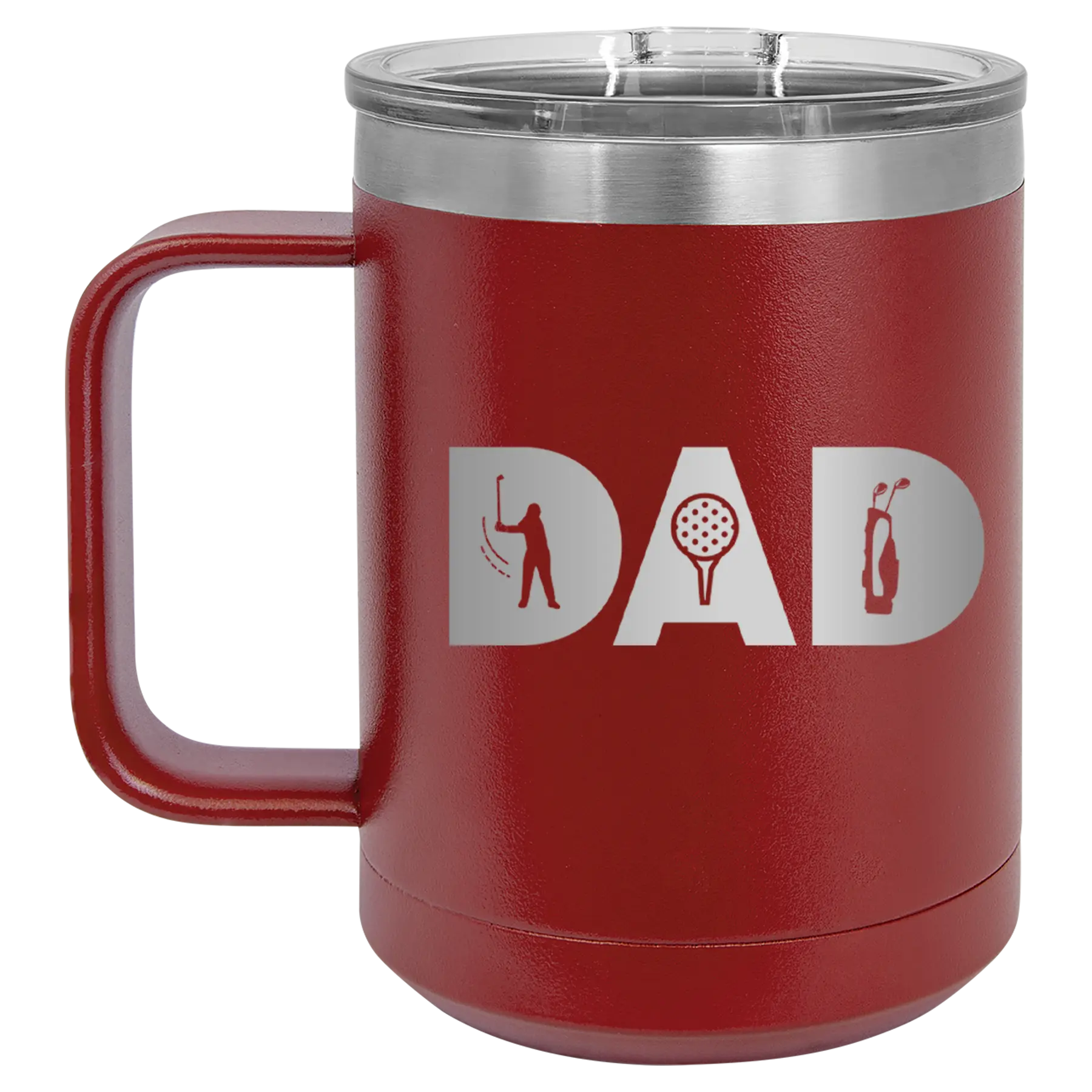 Personalized maroon 15 oz vacuum insulated coffee mug with etched 'Dad Golf' design