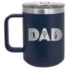 Personalized navy 15 oz vacuum insulated coffee mug with etched 'Dad Golf' design