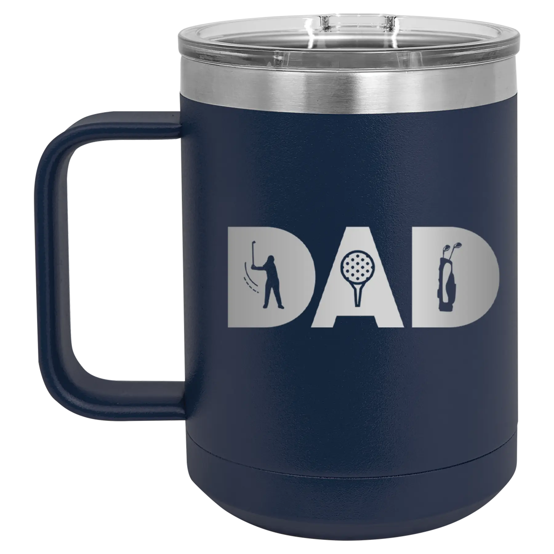Personalized navy 15 oz vacuum insulated coffee mug with etched 'Dad Golf' design