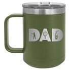 Personalized olive green 15 oz vacuum insulated coffee mug with etched 'Dad Golf' design