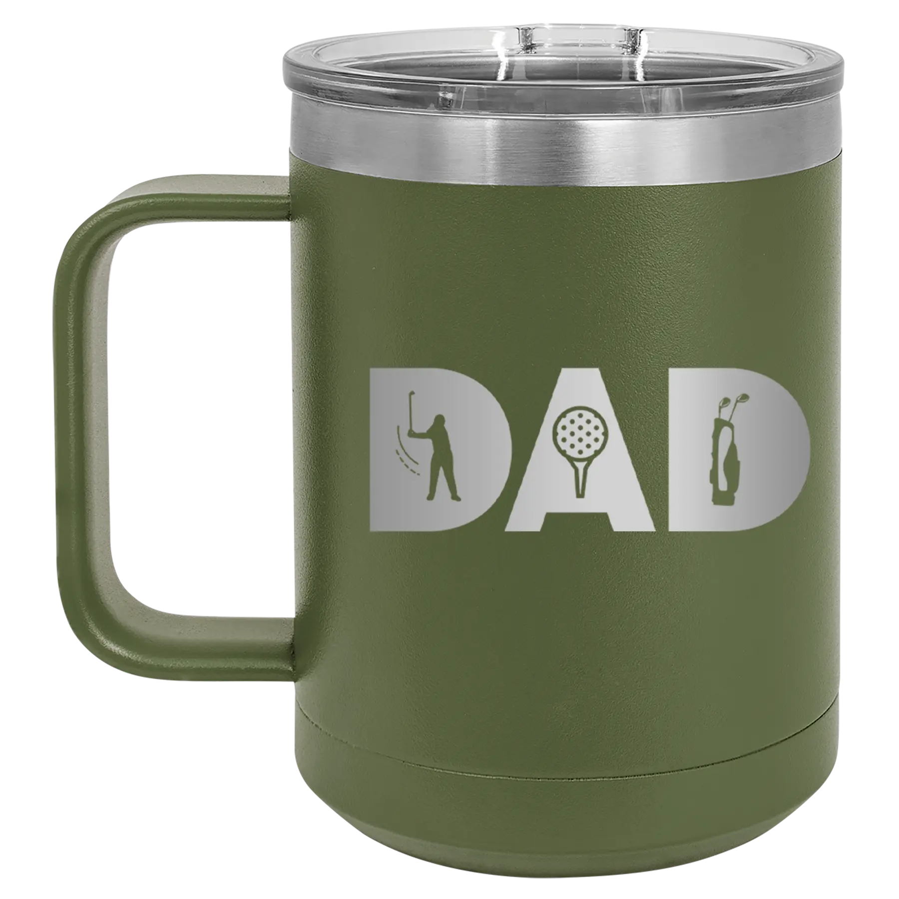 Personalized olive green 15 oz vacuum insulated coffee mug with etched 'Dad Golf' design