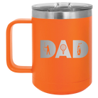 Personalized orange 15 oz vacuum insulated coffee mug with etched 'Dad Golf' design