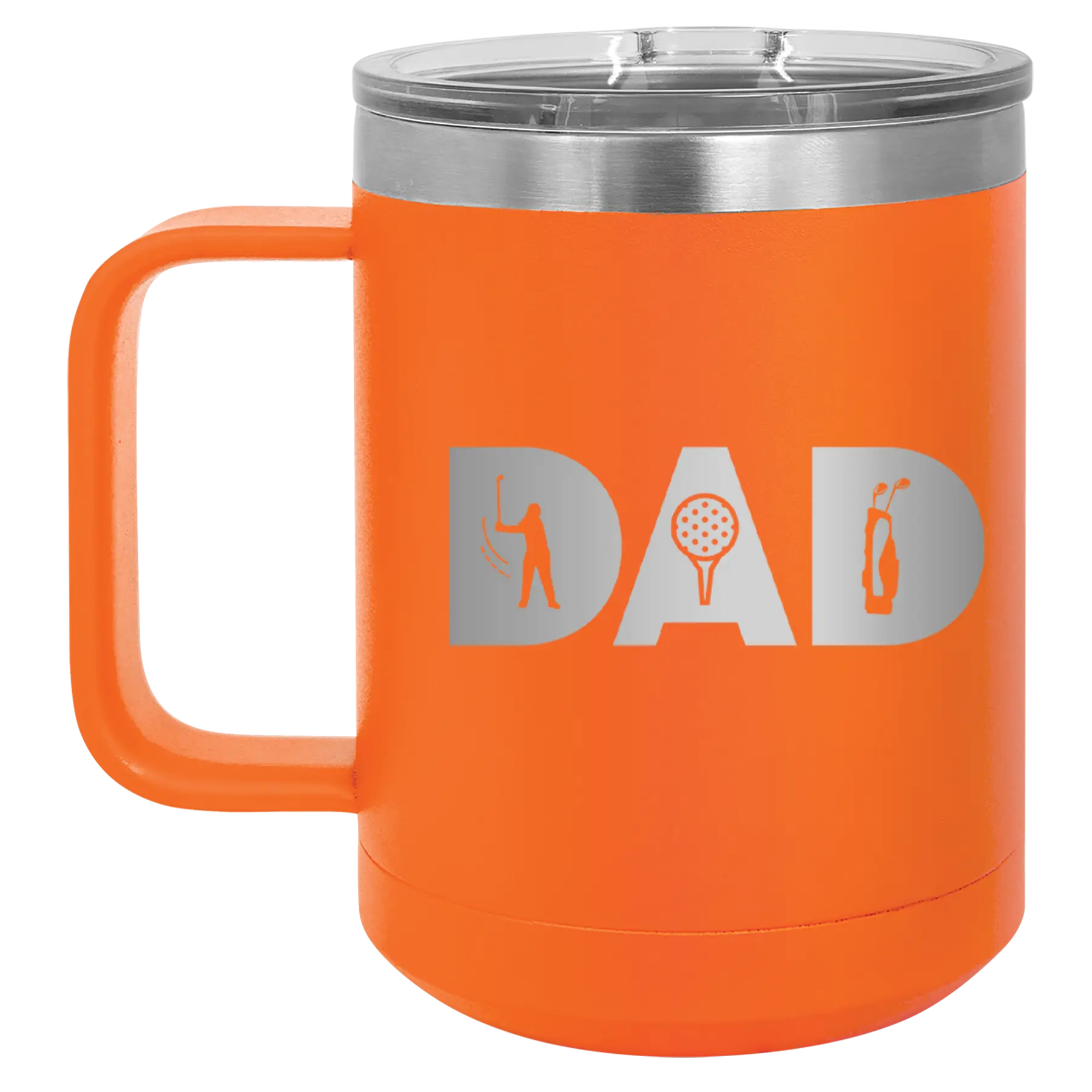 Personalized orange 15 oz vacuum insulated coffee mug with etched 'Dad Golf' design