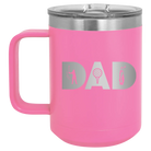 Personalized pink 15 oz vacuum insulated coffee mug with etched 'Dad Golf' design