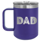 Personalized purple 15 oz vacuum insulated coffee mug with etched 'Dad Golf' design