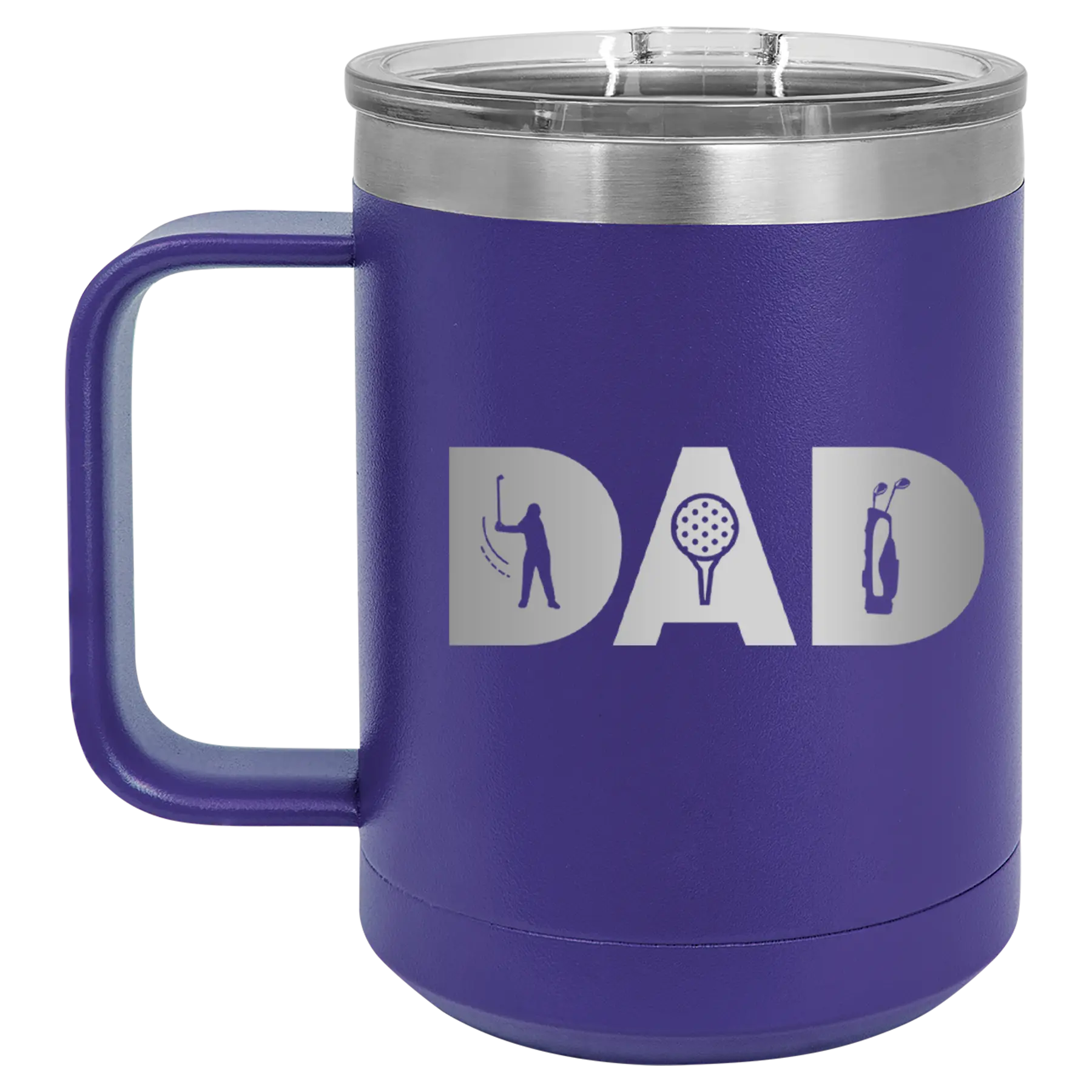 Personalized purple 15 oz vacuum insulated coffee mug with etched 'Dad Golf' design