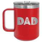 Personalized red 15 oz vacuum insulated coffee mug with etched 'Dad Golf' design