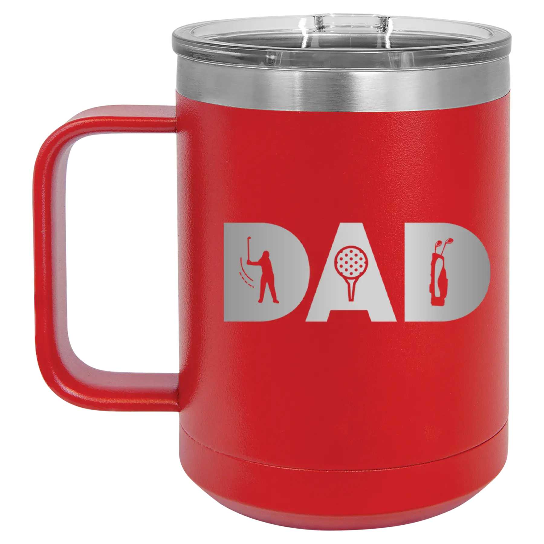 Personalized red 15 oz vacuum insulated coffee mug with etched 'Dad Golf' design