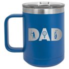 Personalized royal blue 15 oz vacuum insulated coffee mug with etched 'Dad Golf' design