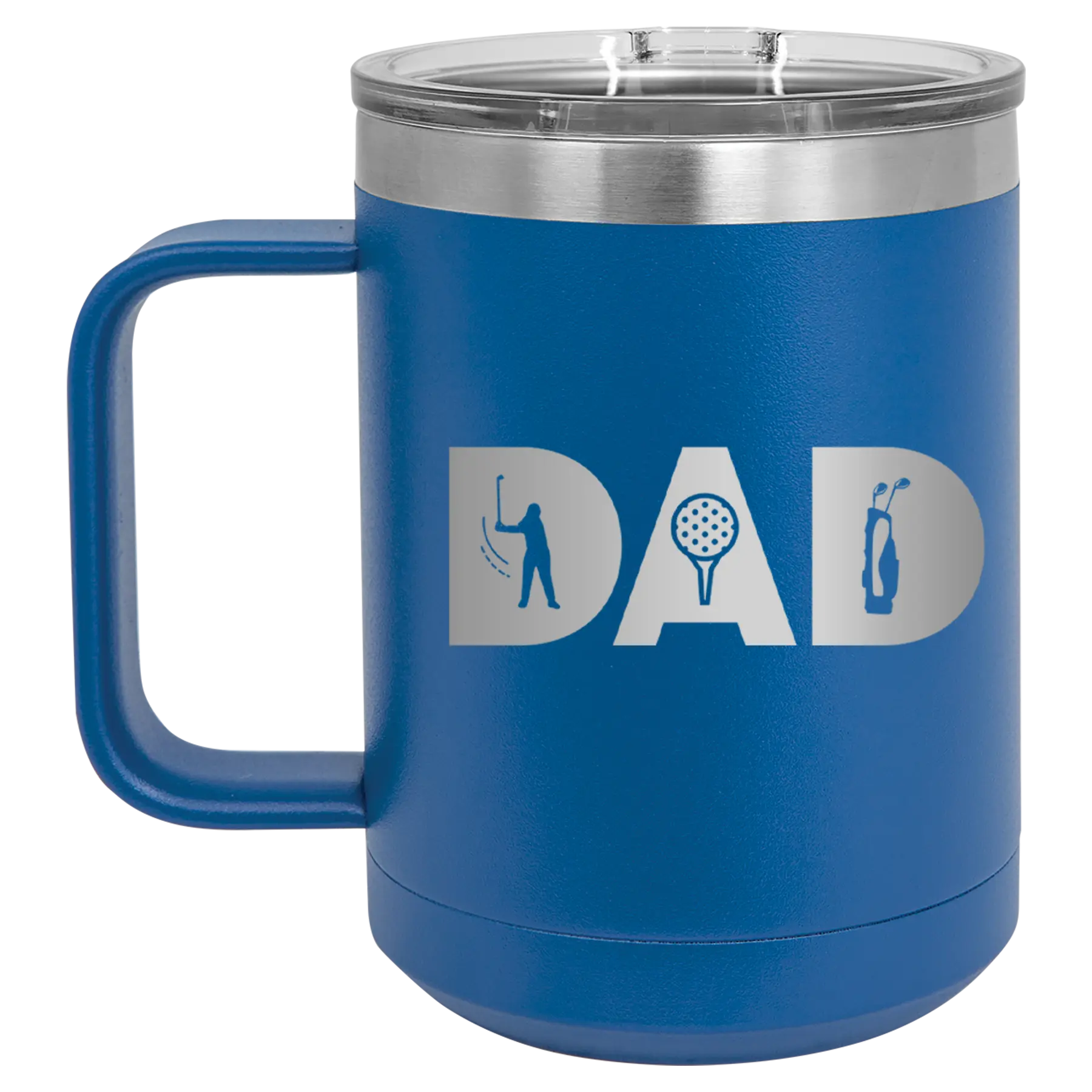 Personalized royal blue 15 oz vacuum insulated coffee mug with etched 'Dad Golf' design