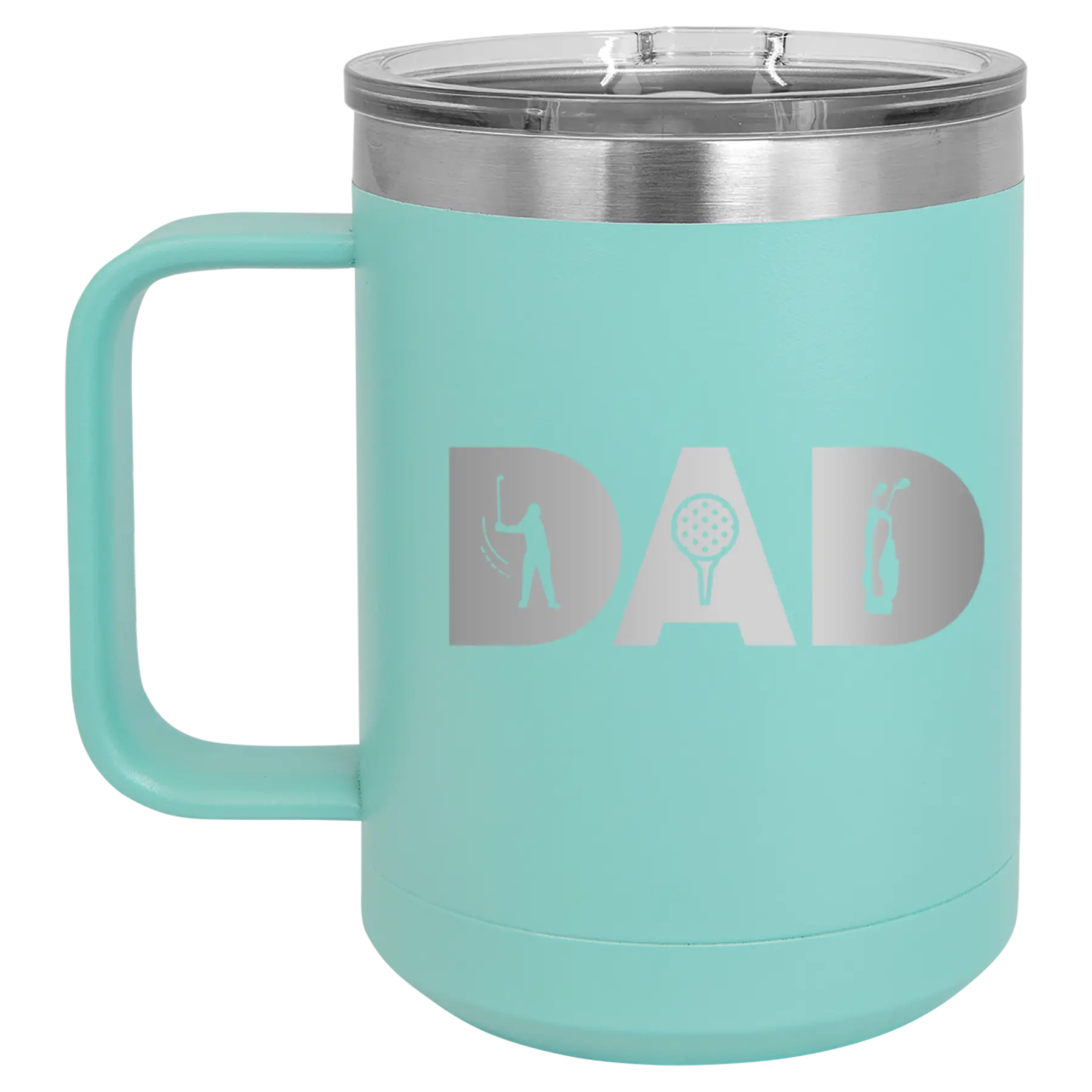 Personalized teal 15 oz vacuum insulated coffee mug with etched 'Dad Golf' design