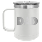 Personalized white 15 oz vacuum insulated coffee mug with etched 'Dad Golf' design