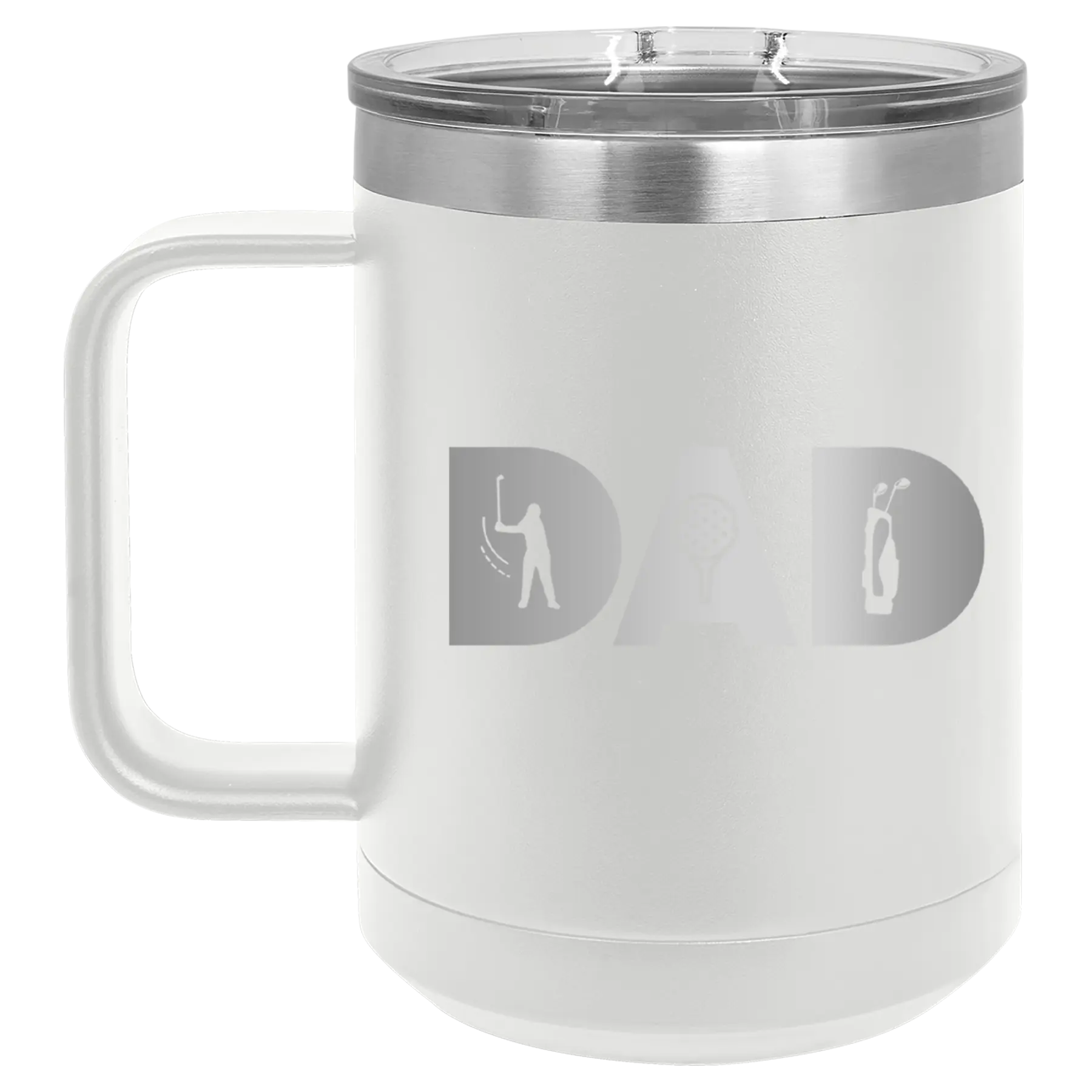 Personalized white 15 oz vacuum insulated coffee mug with etched 'Dad Golf' design