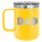 Personalized yellow 15 oz vacuum insulated coffee mug with etched 'Dad Golf' design