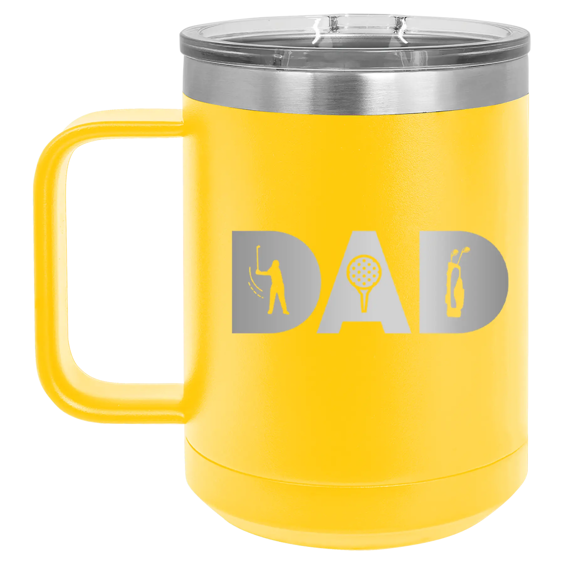 Personalized yellow 15 oz vacuum insulated coffee mug with etched 'Dad Golf' design