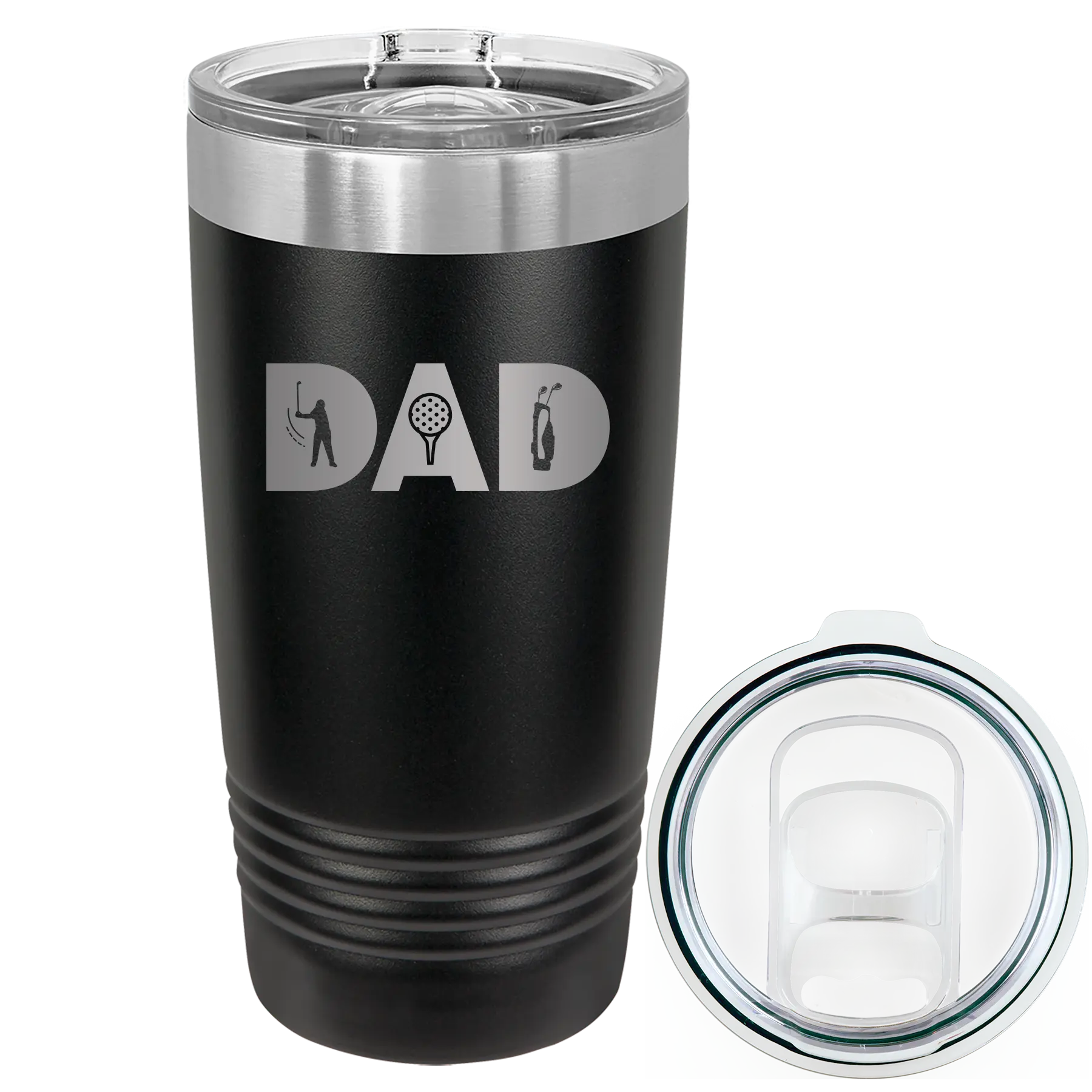 Laser etched black 20 oz vacuum insulated tumbler with 'Dad Golf' design