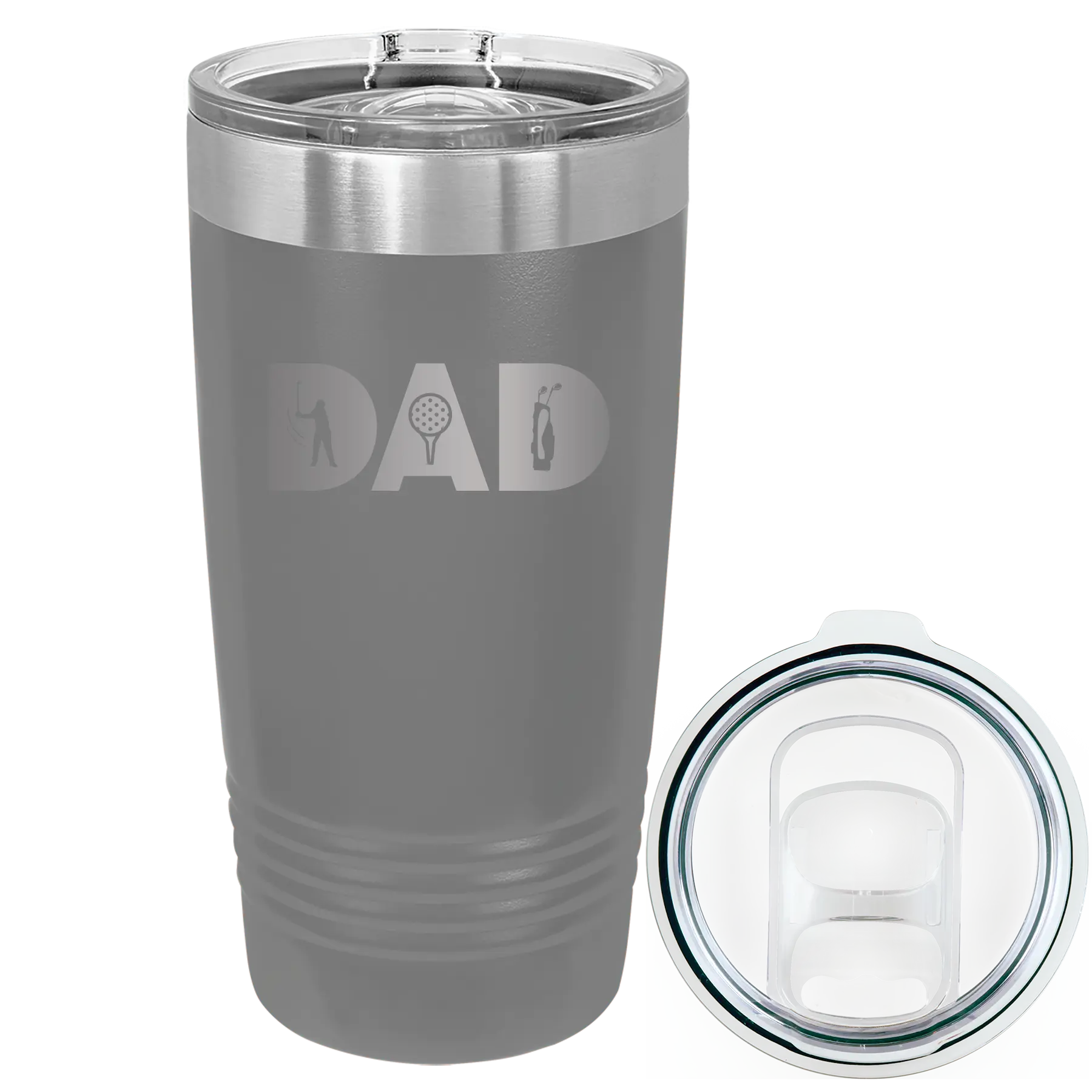 Laser etched dark gray 20 oz vacuum insulated tumbler with 'Dad Golf' design