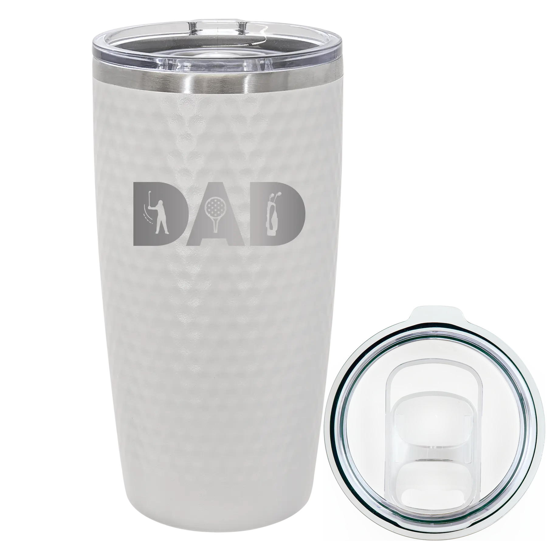 Laser etched white 20 oz golf dimples tumbler with 'Dad Golf' design