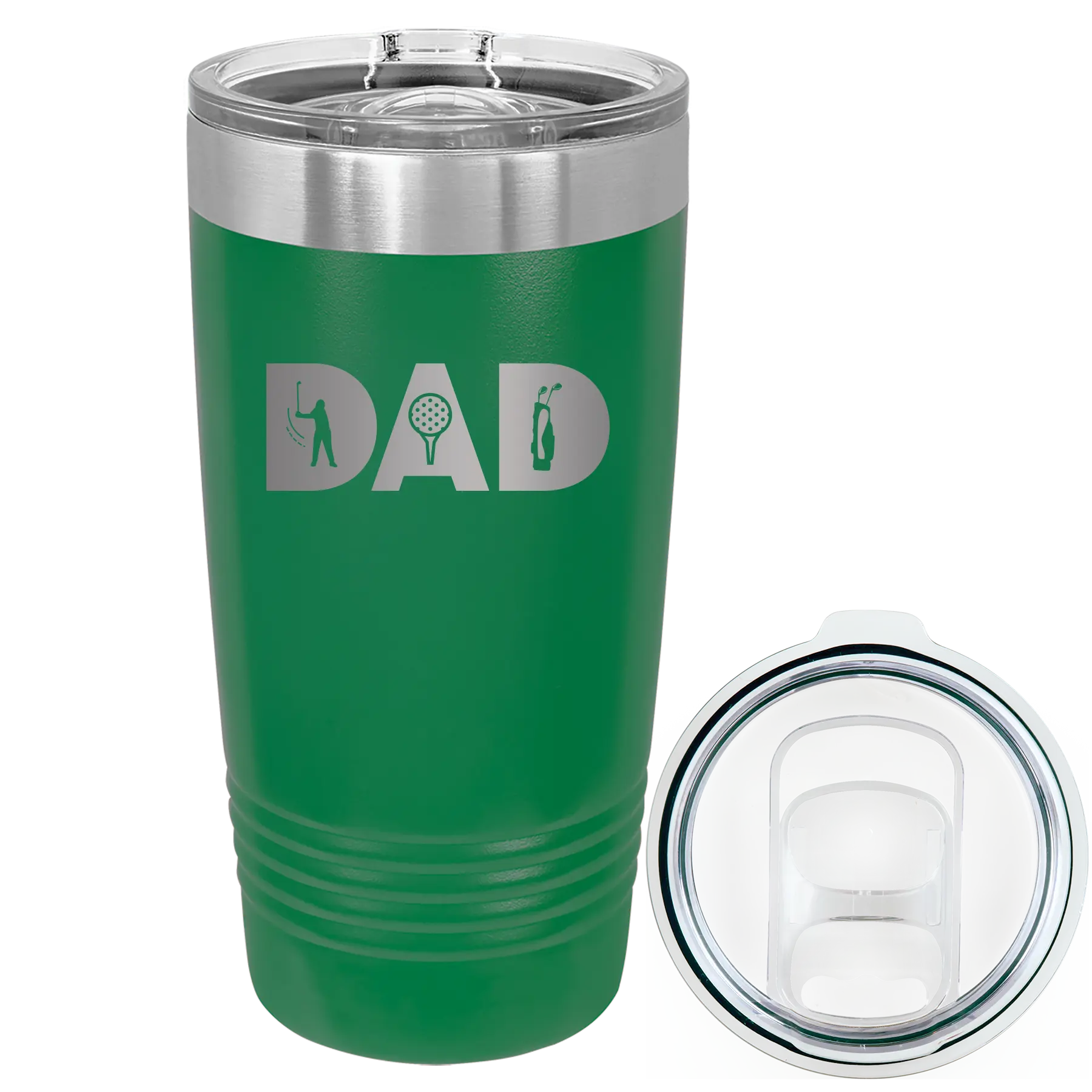 Laser etched green 20 oz vacuum insulated tumbler with 'Dad Golf' design