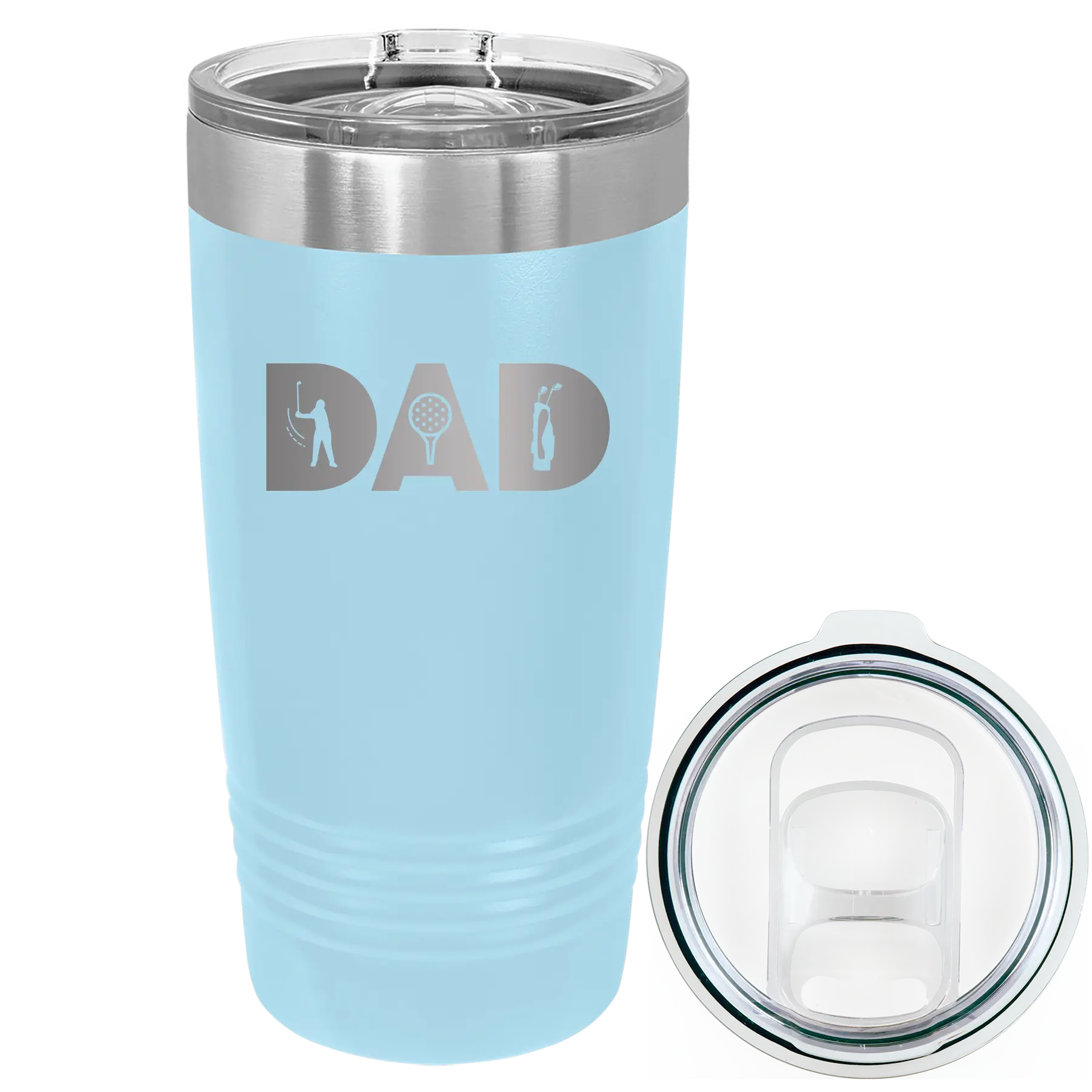 Laser etched light blue 20 oz vacuum insulated tumbler with 'Dad Golf' design