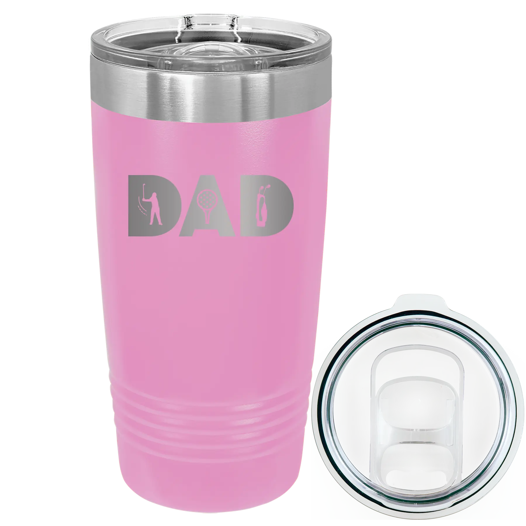 Laser etched light purple 20 oz vacuum insulated tumbler with 'Dad Golf' design