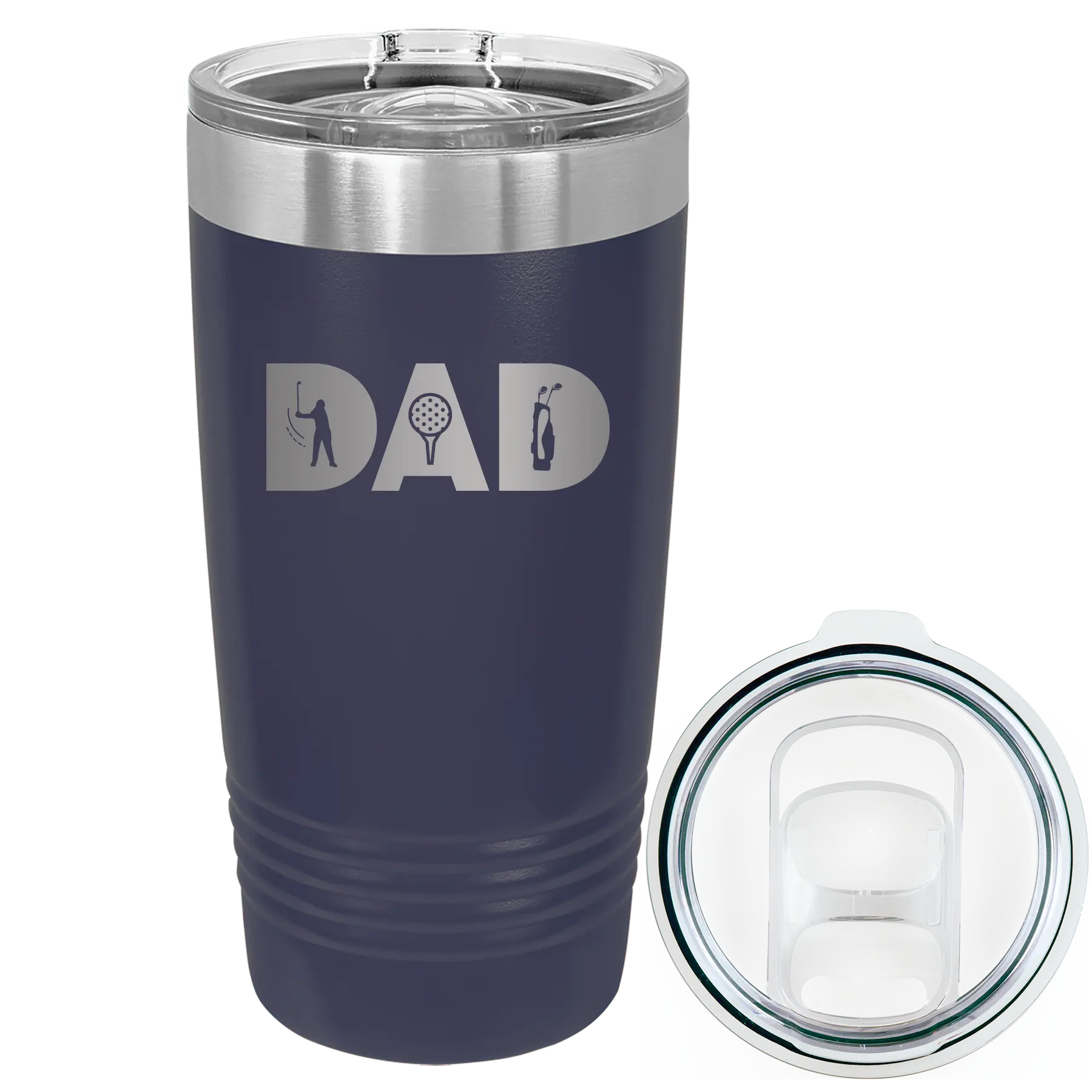 Laser etched navy 20 oz vacuum insulated tumbler with 'Dad Golf' design