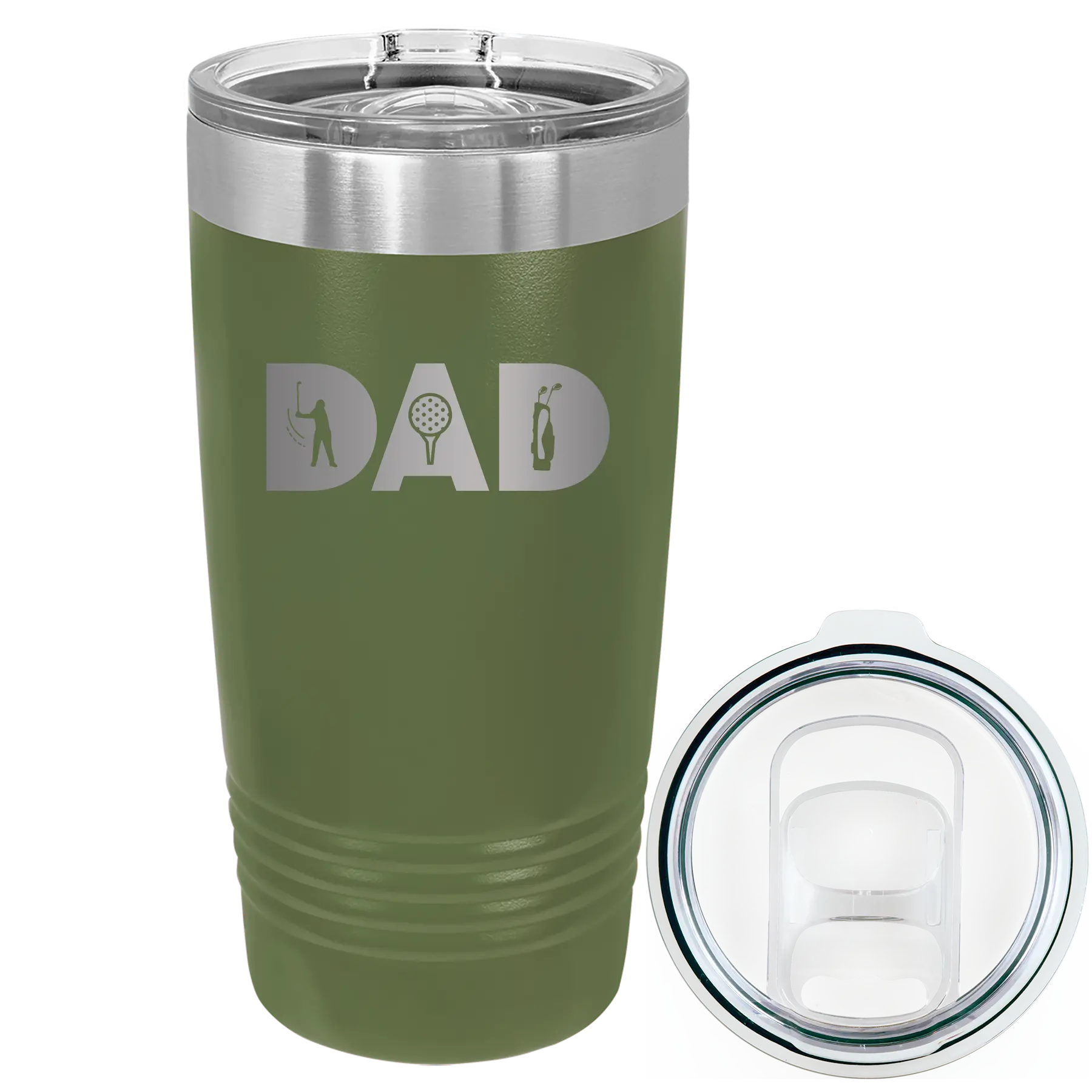 Laser etched olive green 20 oz vacuum insulated tumbler with 'Dad Golf' design